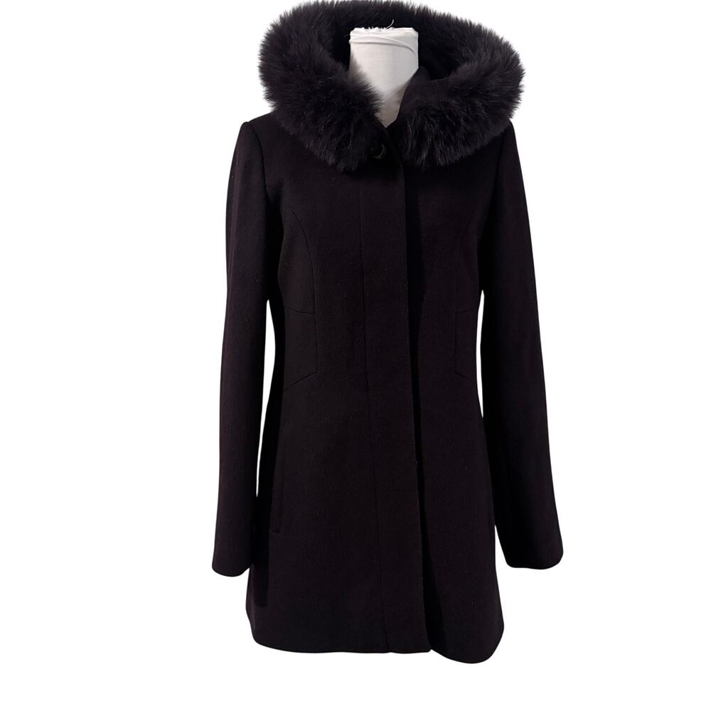 Sachi Collection Genuine Fox Fur Trim Hooded Wool Blend Coat Purple Plum Luxury